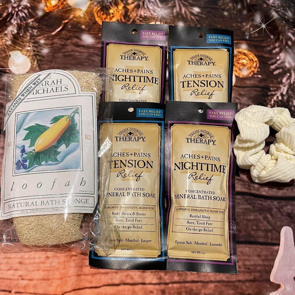 A Relaxing Bath Spa Set with Village Naturals Mineral Soaks and Loofa Sponge